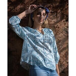 Sohana Blue White Floral Print 3/4 Sleeve 100% Cotton Frayed Top Womens Medium